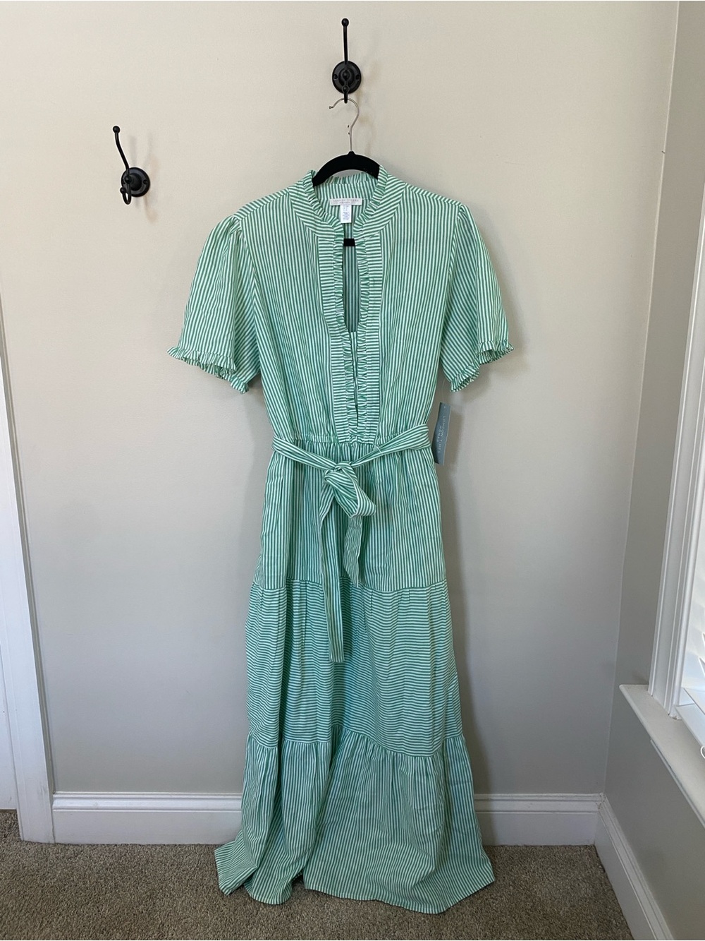 London Times Mint Green & White Striped Maxi Dress with Tie Waist